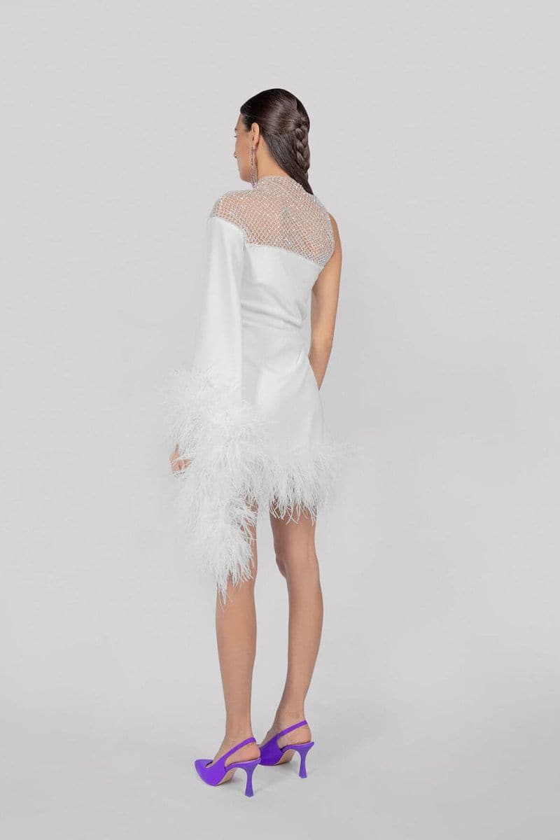 AURORA ASYMMETRIC DRAPED FEATHER DRESS | Monika Dimova | CULT MIA