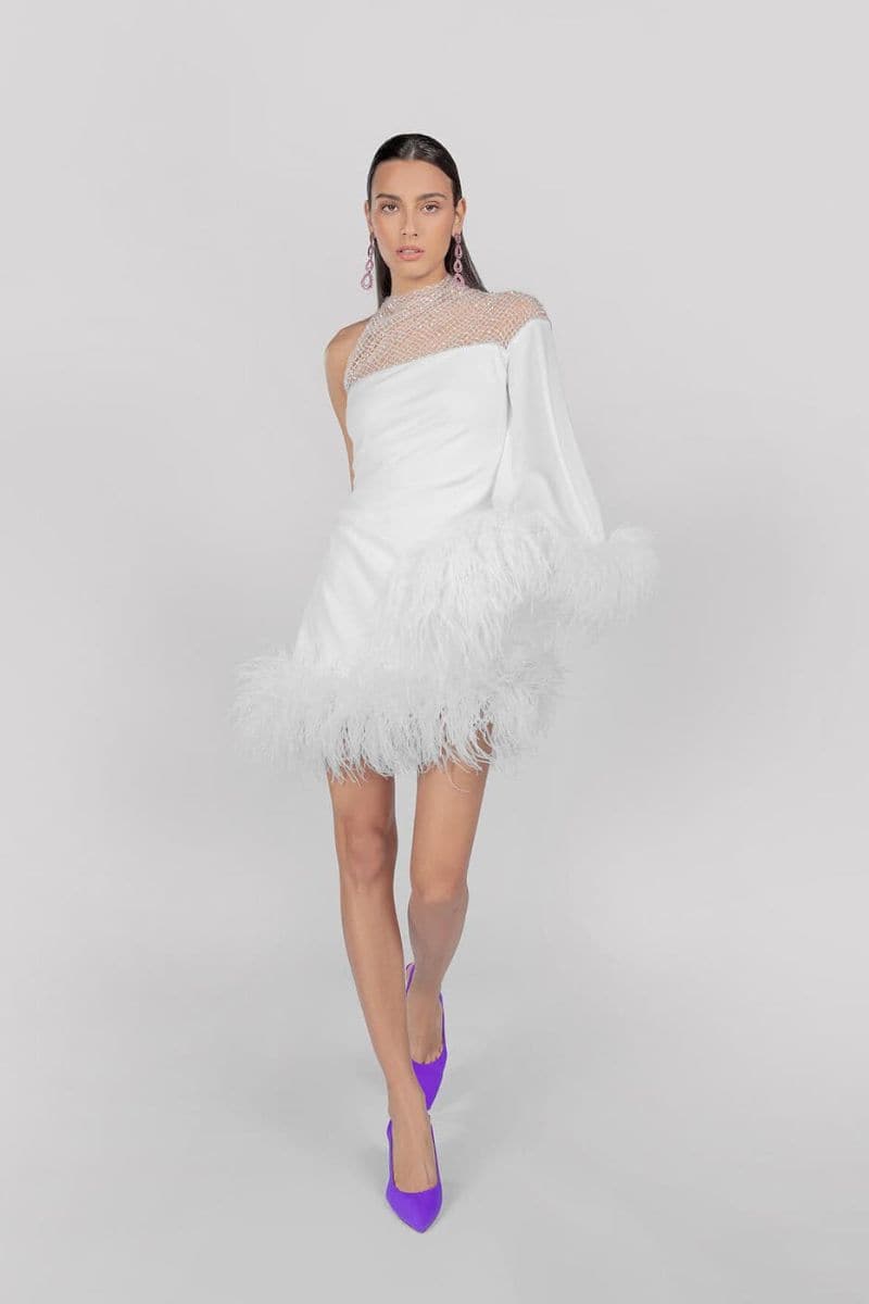 AURORA ASYMMETRIC DRAPED FEATHER DRESS | Monika Dimova | CULT MIA