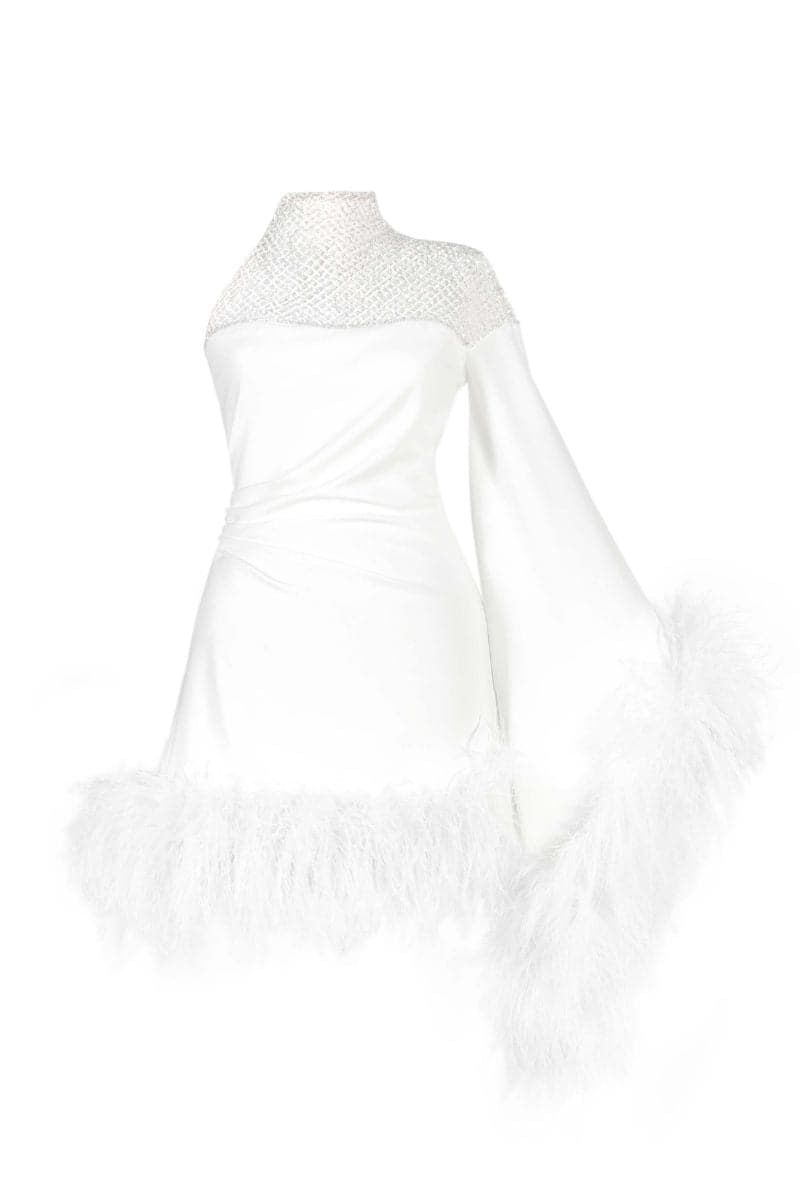 AURORA ASYMMETRIC DRAPED FEATHER DRESS | Monika Dimova | CULT MIA