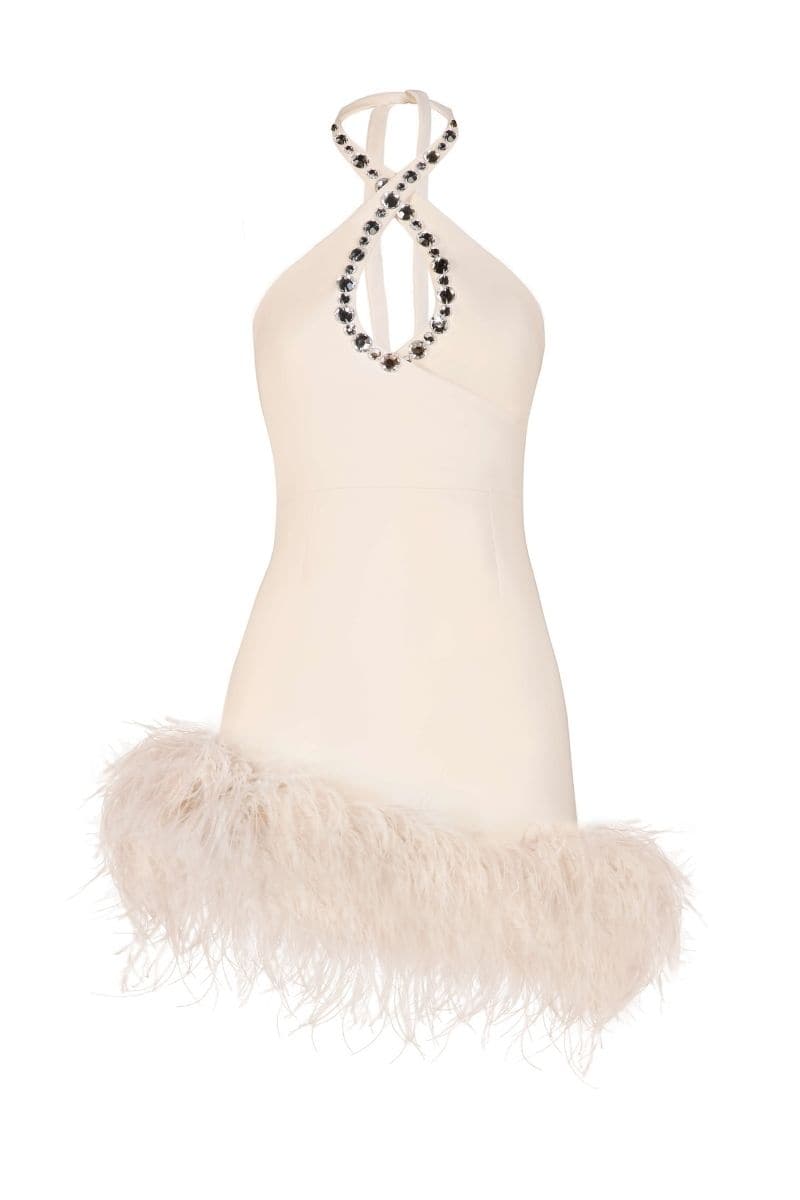 MIA FEATHER-EMBELLISHED CREPE MINI DRESS | Monika Dimova | CULT MIA