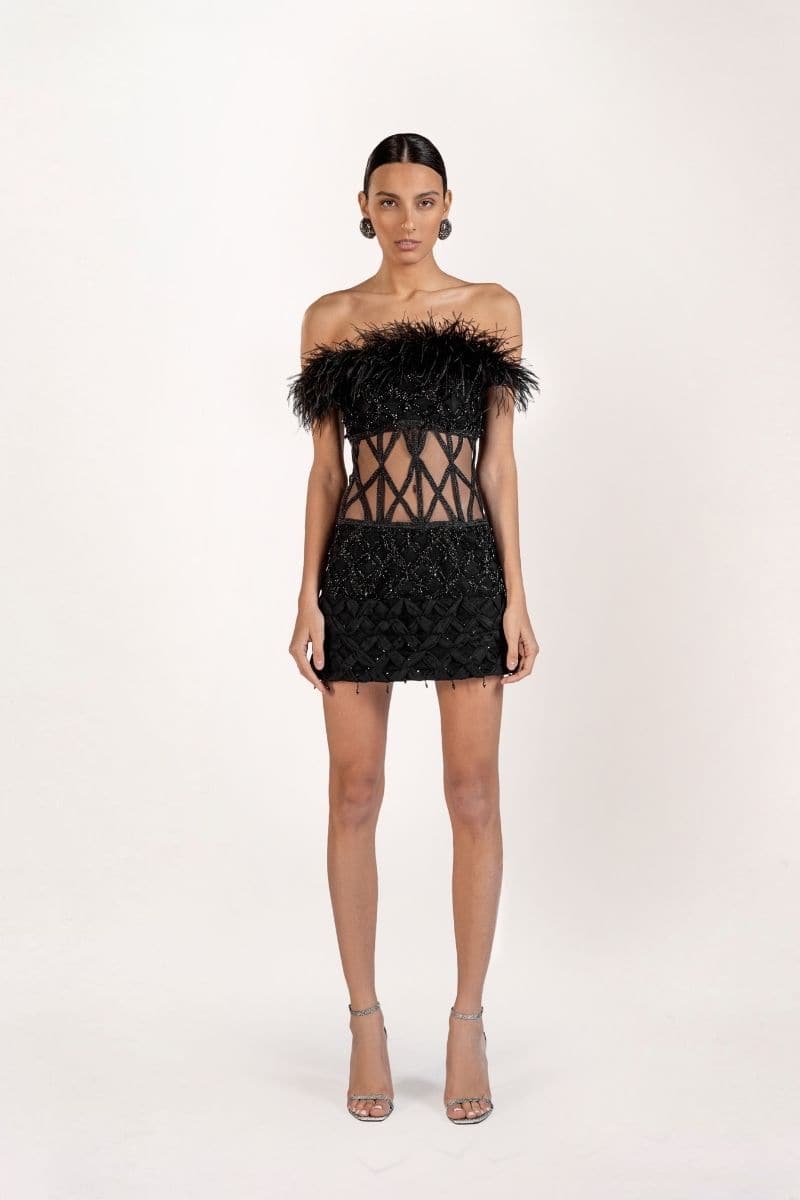 MONA FEATHER-TRIMMED EMBELLISHED MINI DRESS | Monika Dimova | CULT MIA
