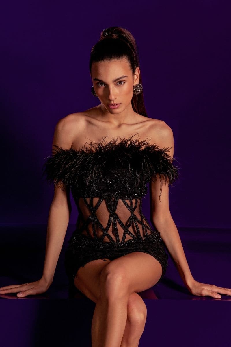 MONA FEATHER-TRIMMED EMBELLISHED MINI DRESS | Monika Dimova | CULT MIA