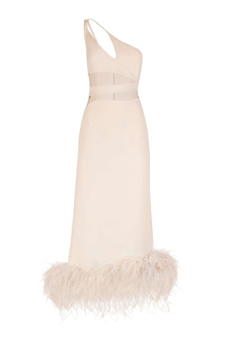 SERENA FEATHER-TRIMMED CREPE MAXI DRESS | Monika Dimova | CULT MIA