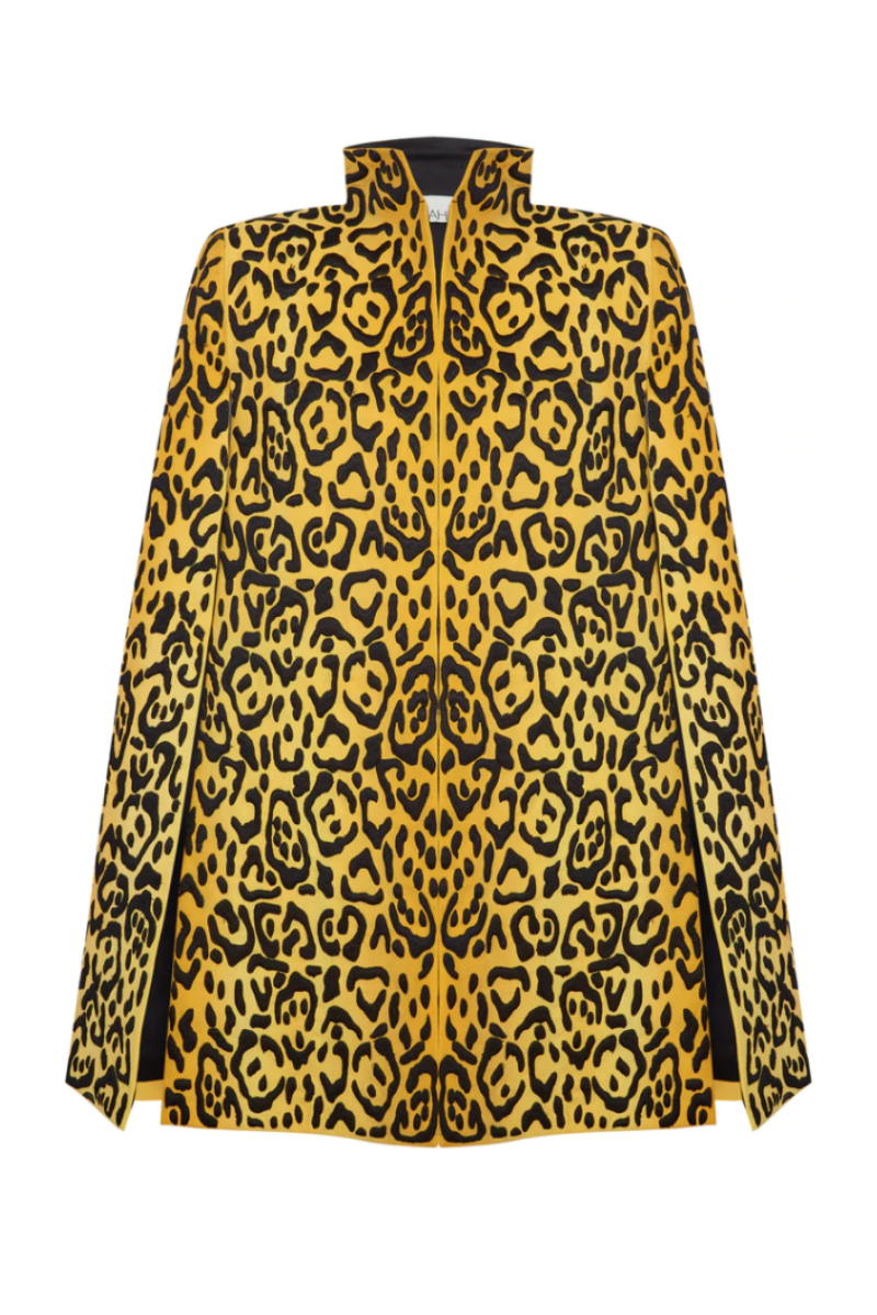 Nadya Shah Bianca leopard-print cape jacket with stylish fall pattern, draped design, and cozy fabric for layered fashion.