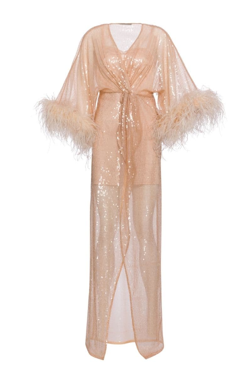FRESIA BEIGE FEATHER-TRIMMED KIMONO MAXI DRESS | Nana Gotti | CULT MIA