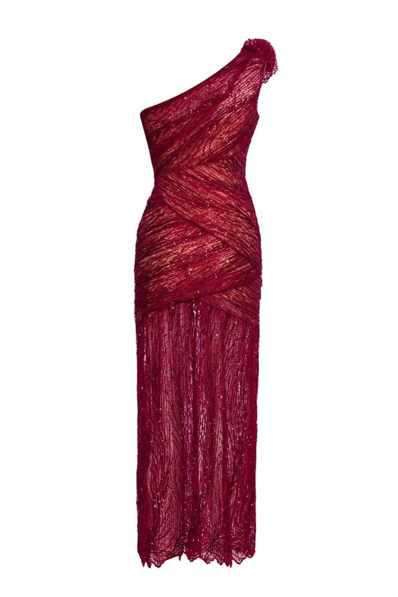 red one strap dress One Shoulder Crystal Embellished Knit Gown - Racing Red