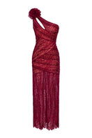 Nana Gotti Kyra red one-shoulder maxi dress displayed on a model, showcasing elegant flowy fabric and stylish design.