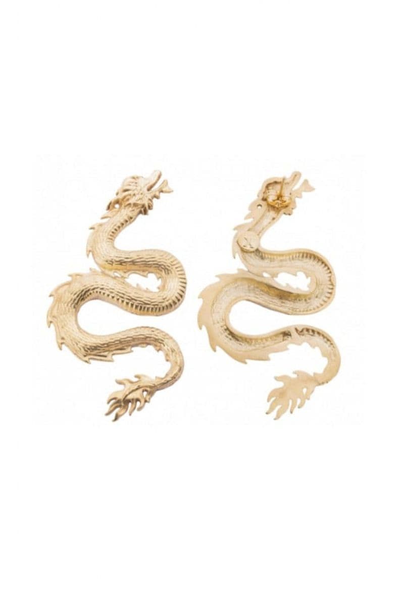 Small dragon gold-plated earrings by Natia x Lako featuring intricate dragon design in shiny gold finish.