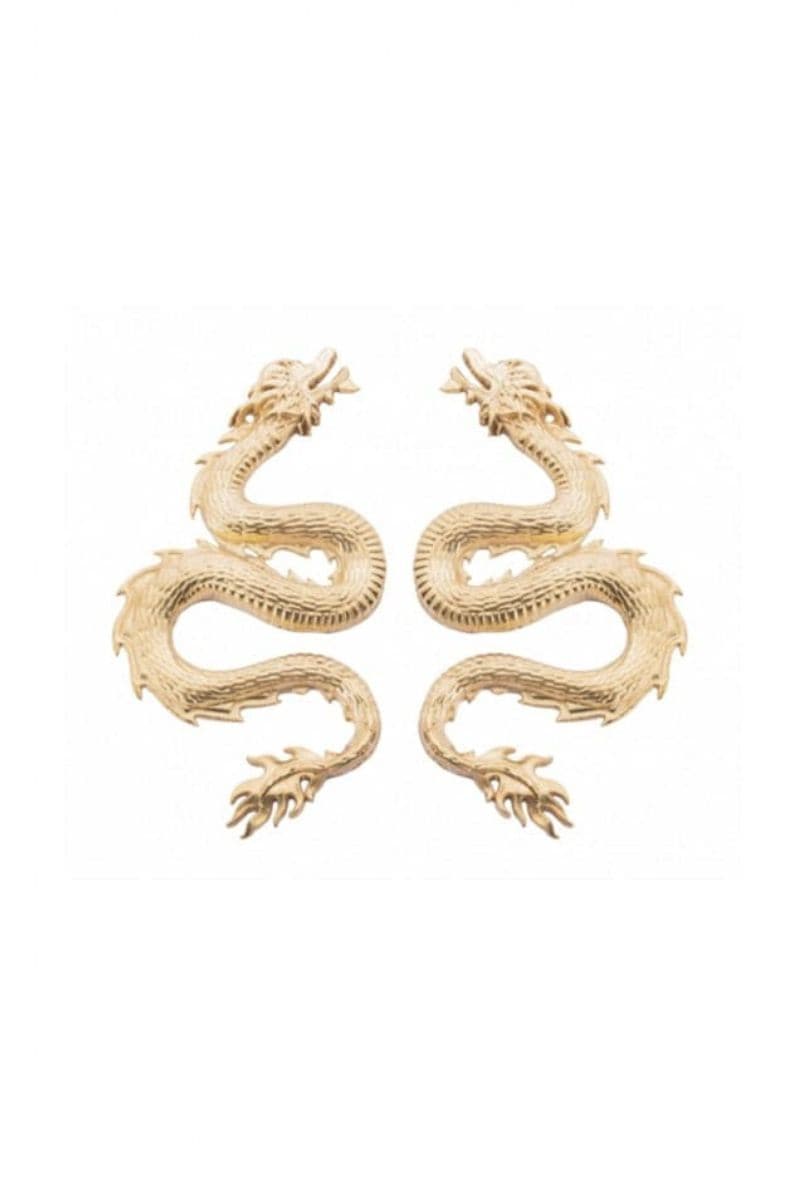 Small dragon gold-plated earrings by Natia x Lako, featuring intricate dragon design in shiny gold finish.