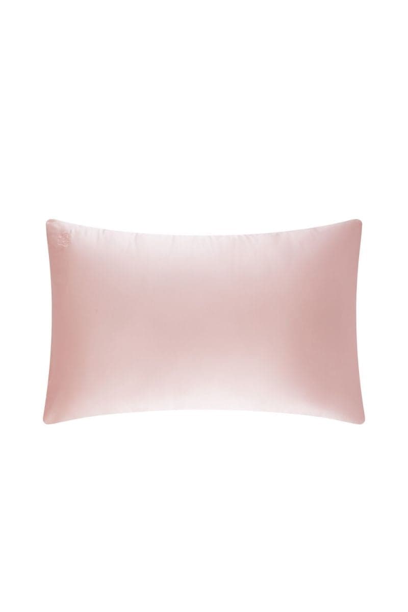 Queen-size silk pillowcase in rose pink by Not Just Pajama, showcasing smooth, luxurious fabric and elegant color.