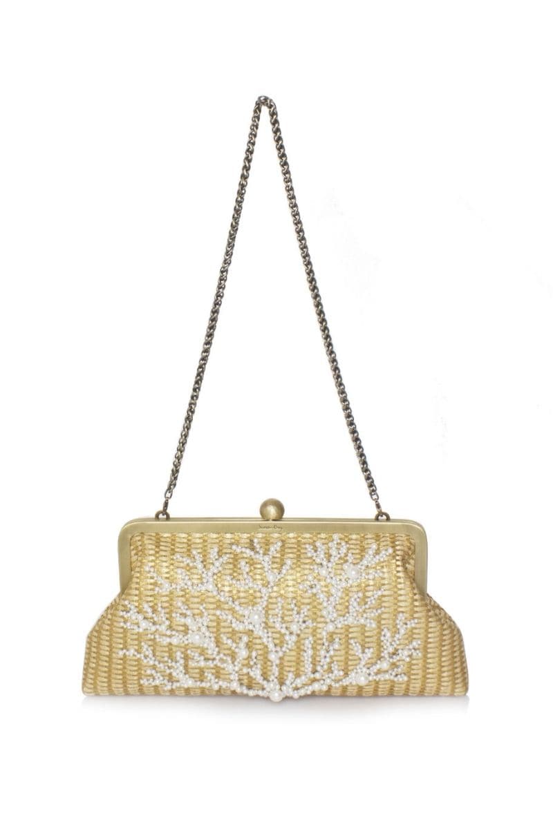 CORAL GOLD STRAW EMBELLISHED CLUTCH | Sarah's Bag | CULT MIA