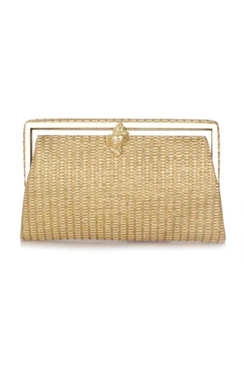 Sarah's Bag Murex Gold Straw Grace Clutch with gold woven design and elegant compact style, perfect for evening accessories.