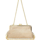 Sarah's Bag gold clutch with pearl fringes, marquise shape, and elegant design, perfect for evening events and special occasions.