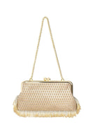 Sarah's Bag gold clutch with pearl fringes, marquise shape, and elegant design, perfect for evening events and special occasions.
