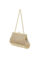 Sarah's Bag pearl fringes Marquise gold clutch with elegant gold hold-me clasp, featuring intricate pearl detailing and chic design.