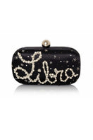 Black personalized Astro Box clutch by Sarah's Bag with Aries zodiac symbol and celestial design.