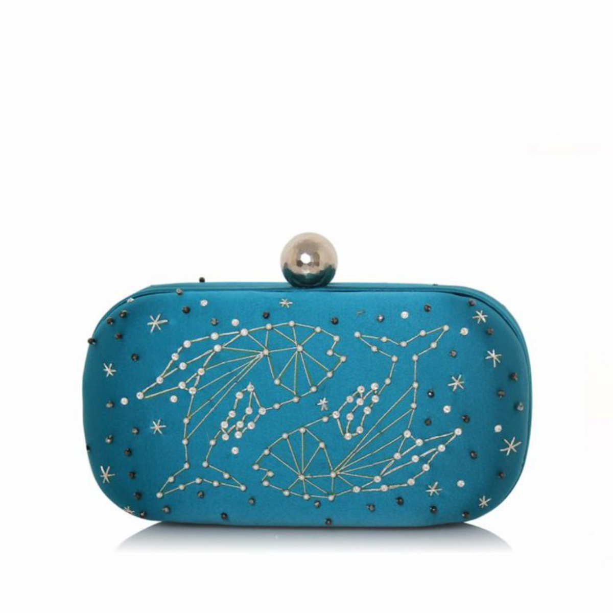 Black personalized Astro Box clutch by Sarah's Bag featuring Aries zodiac design and intricate embroidery.