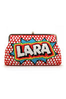 Red SAY MY NAME RED POP big clutch by Sarah's Bag with bold lettering and stylish design, perfect for evening or special occasions.