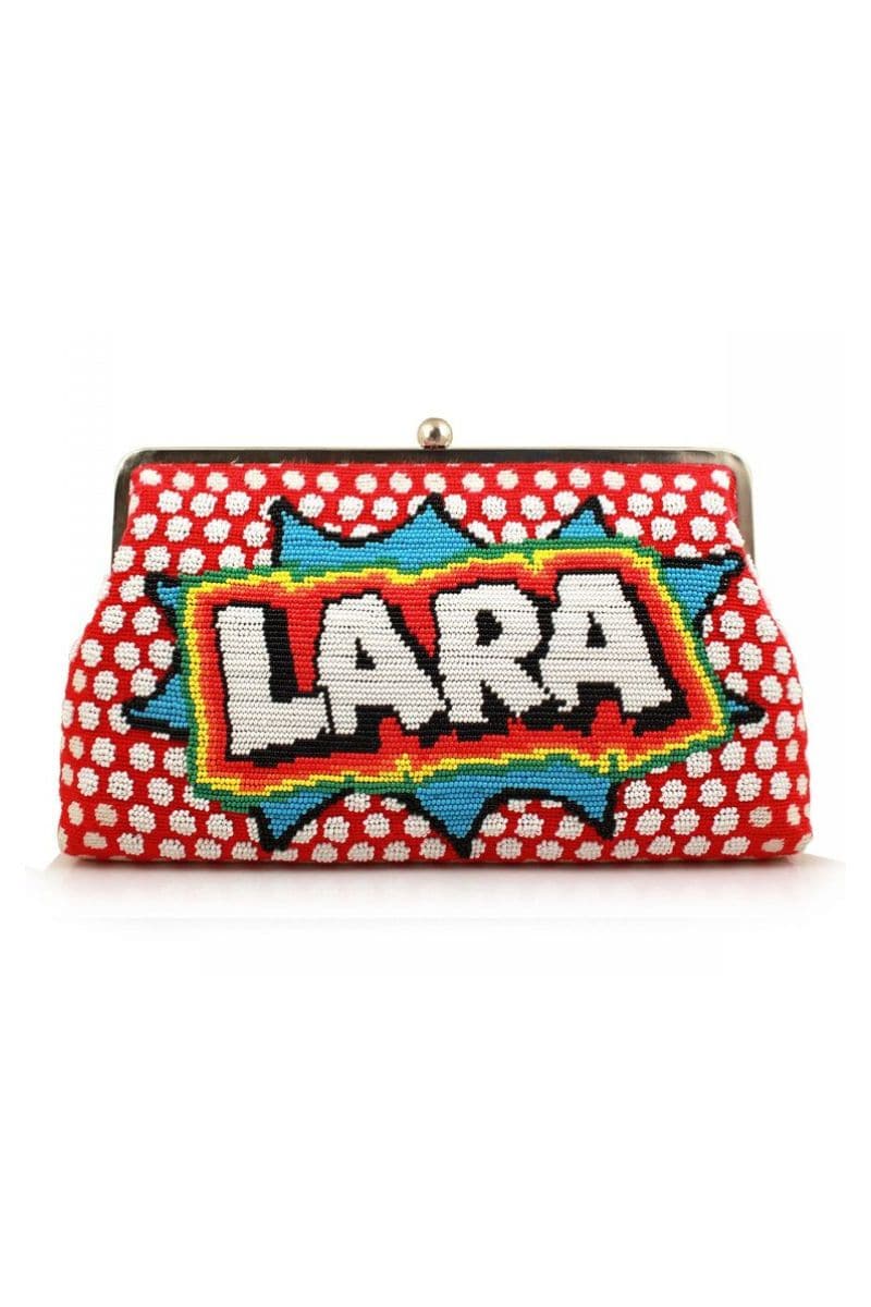 Red SAY MY NAME RED POP big clutch by Sarah's Bag with bold lettering and stylish design, perfect for evening or special occasions.
