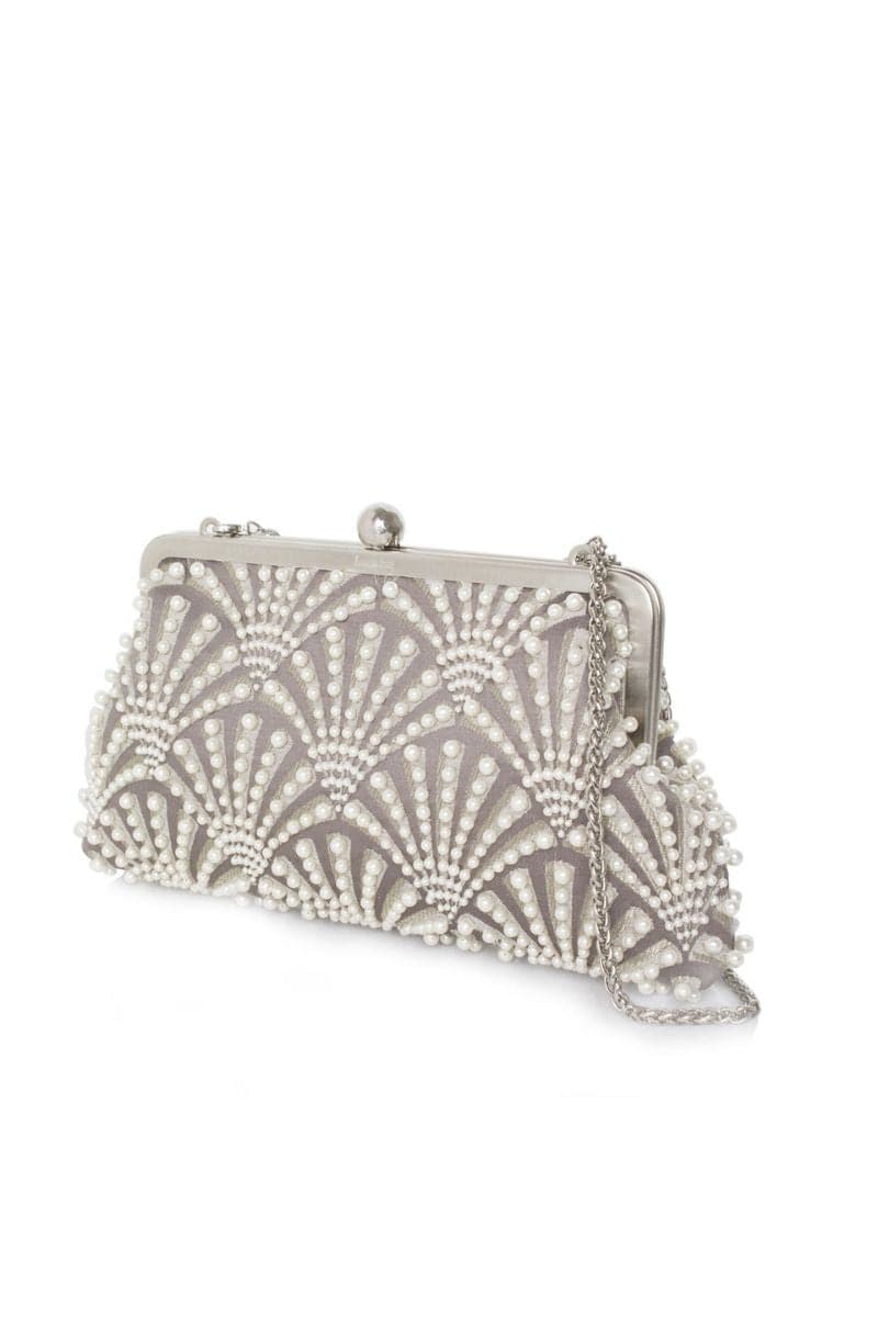 SCALLOPS SILVER EMBELLISHED PEARL CLUTCH | Sarah's Bag | CULT MIA