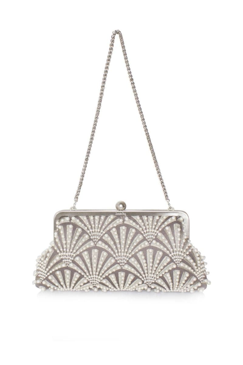 SCALLOPS SILVER EMBELLISHED PEARL CLUTCH | Sarah's Bag | CULT MIA