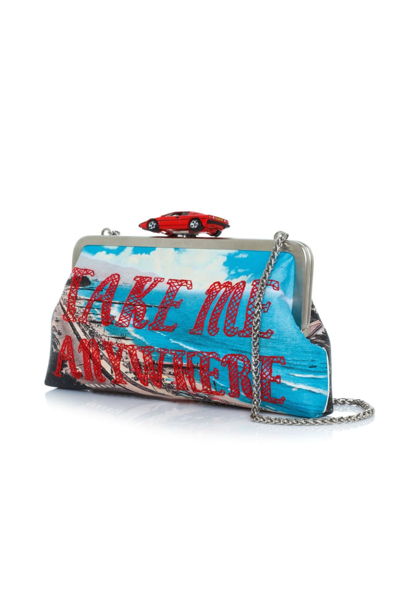 Sarah's Bag Take Me Clutch in brass and red with a sleek, compact design perfect for evening or special occasions.