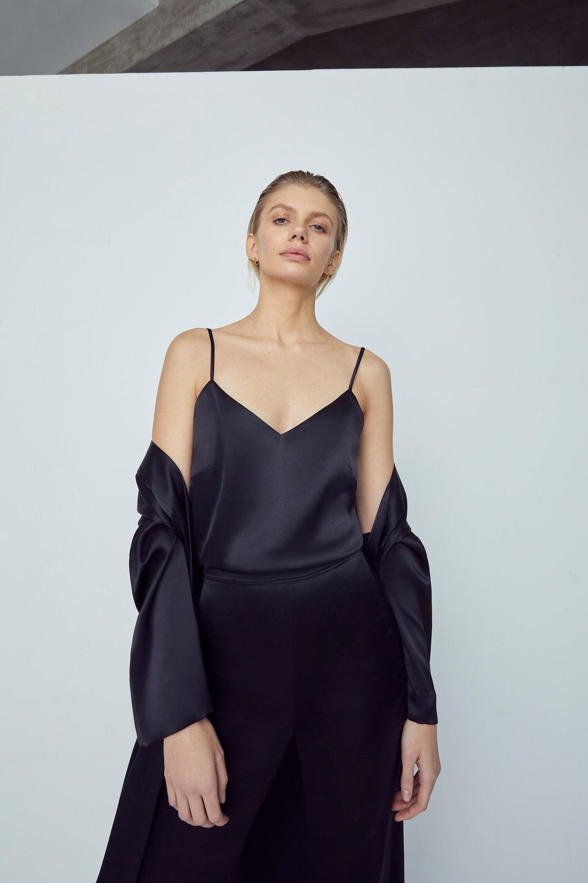 Black Silked silk midi kimono robe with flowing sleeves and open front, shown on a model in XS-S size.
