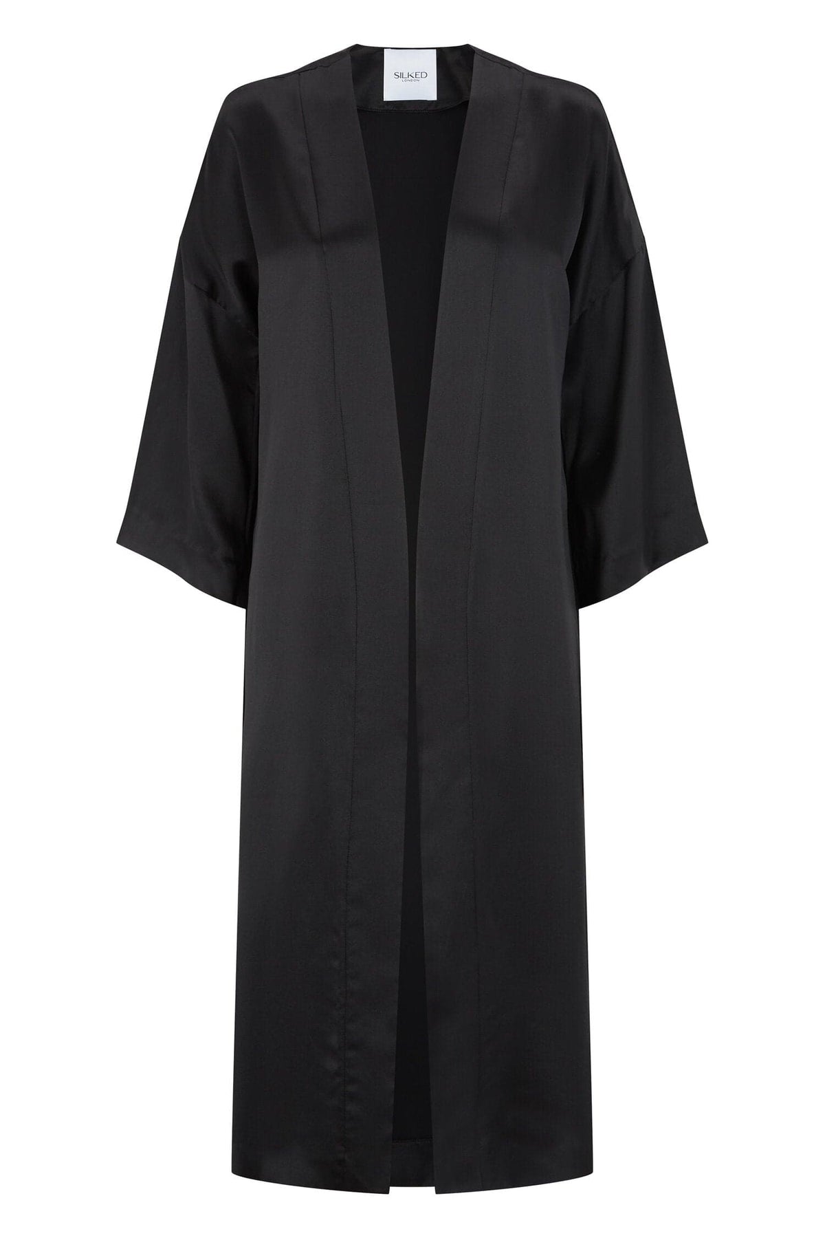 Black Silked Silk Midi Kimono robe with long sleeves and open front, displayed on a hanger.