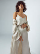Silked silk midi kimono robe in oyster color, lightweight and smooth fabric, shown on a hanger with open front style.