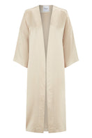 Oyster-colored Silked silk midi kimono robe with wide sleeves and open front, lightweight and elegant for lounging or special occasions.