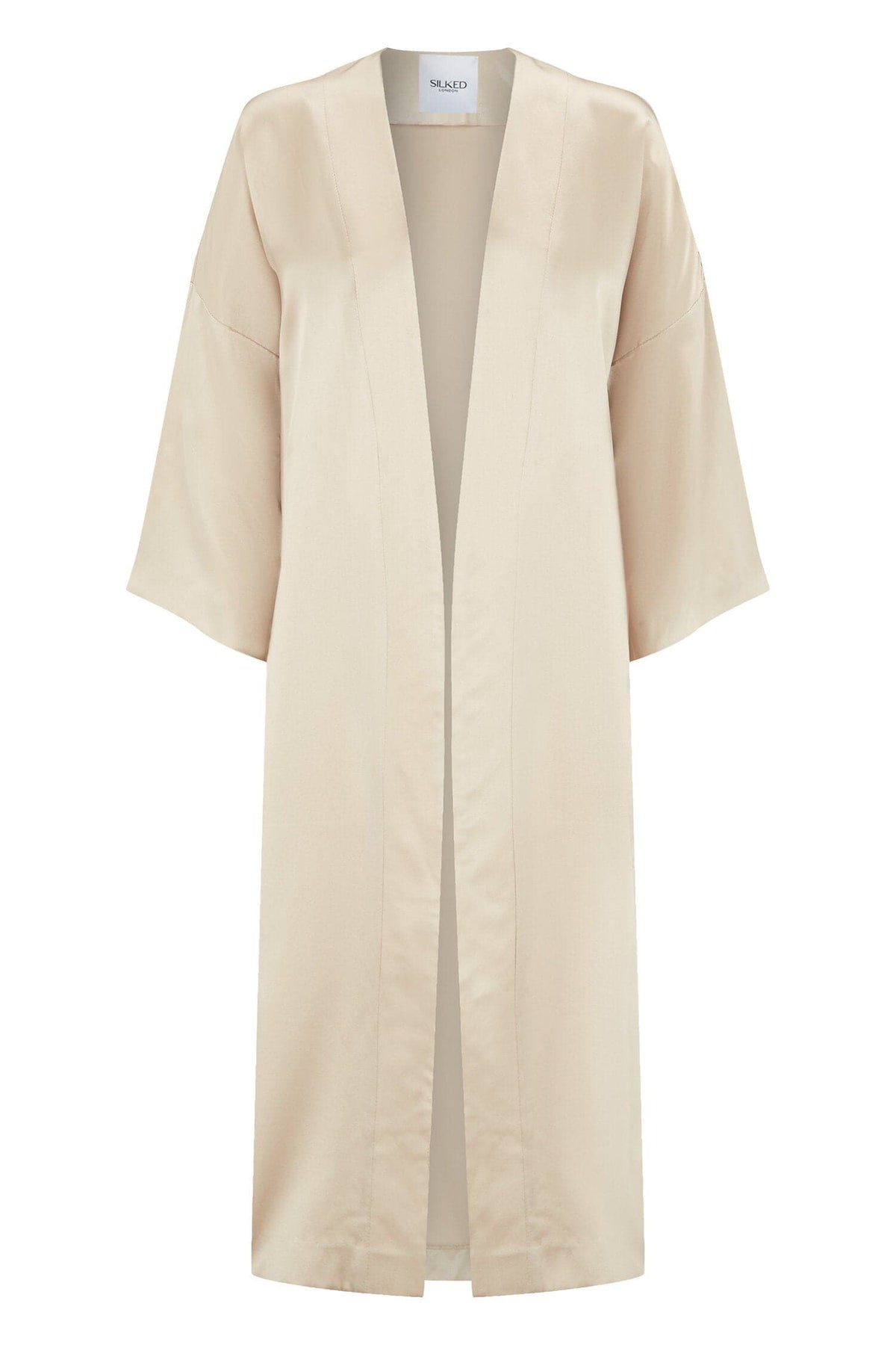 Oyster-colored Silked silk midi kimono robe with wide sleeves and open front, lightweight and elegant for lounging or special occasions.