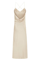 Oyster Silked silk midi slip dress hanging on a wooden hanger, showcasing smooth silk fabric and elegant midi length.