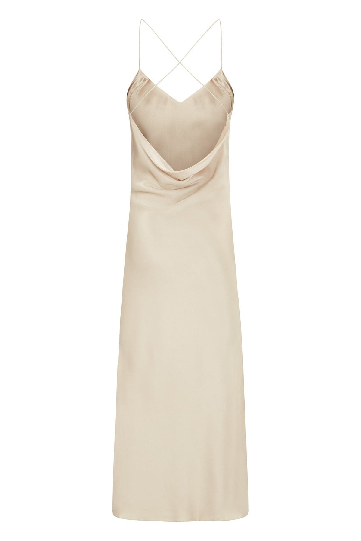 Oyster Silked silk midi slip dress hanging on a wooden hanger, showcasing smooth silk fabric and elegant midi length.
