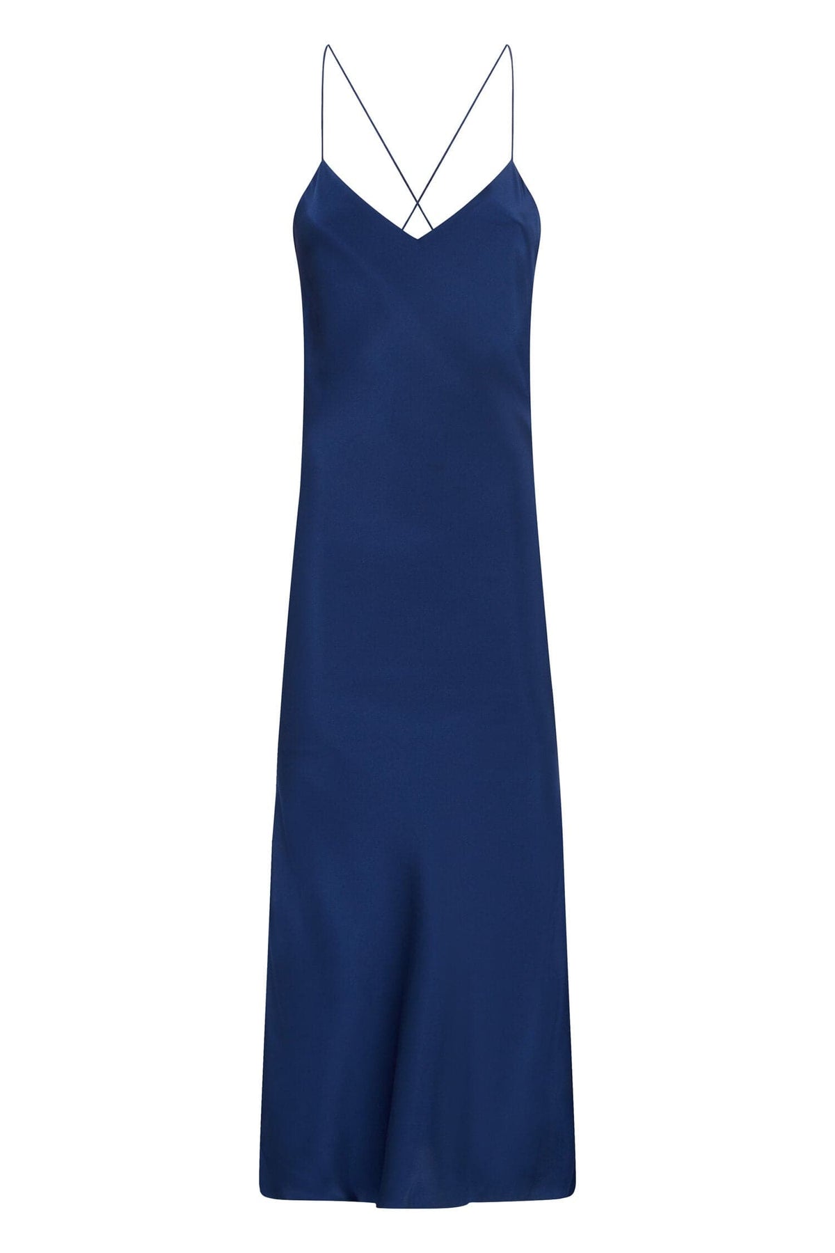 Silked sapphire silk midi slip dress displayed on a model, featuring a sleek, elegant design and smooth silk fabric.