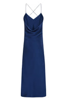 Silked sapphire silk midi slip dress hanging on a mannequin, showcasing smooth fabric and elegant midi length.
