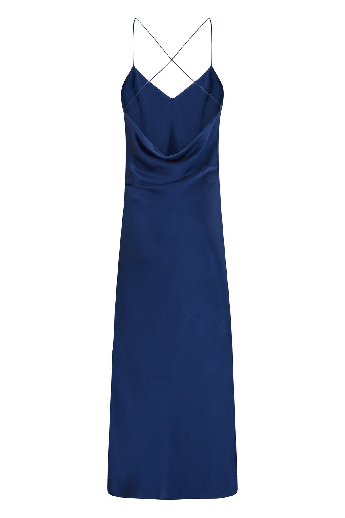 Silked sapphire silk midi slip dress hanging on a mannequin, showcasing smooth fabric and elegant midi length.