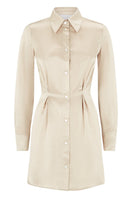 Oyster-colored Silked silk mini shirt dress displayed on a hanger, showcasing its relaxed fit and classic collar.