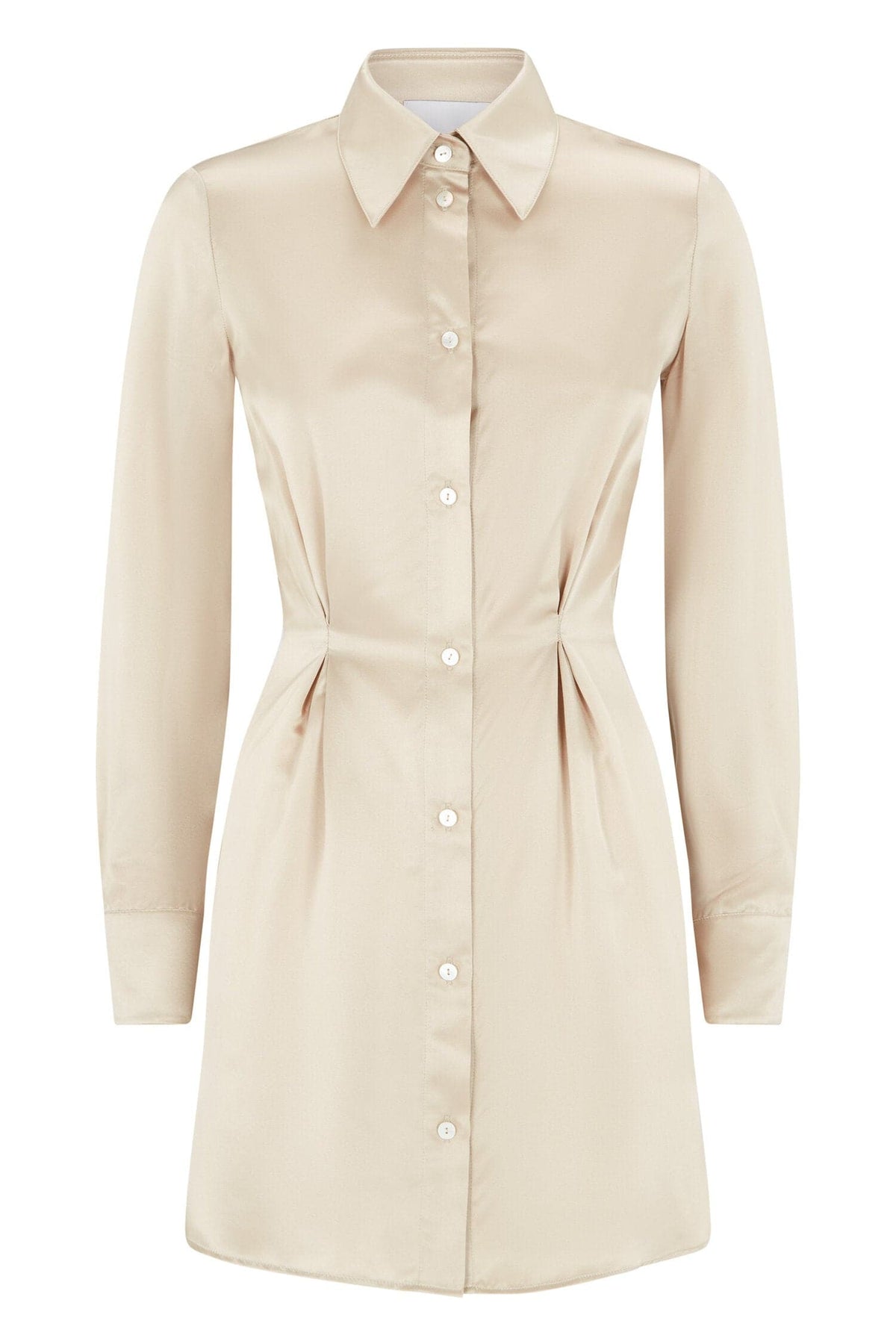 Oyster-colored Silked silk mini shirt dress displayed on a hanger, showcasing its relaxed fit and classic collar.