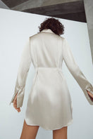 Silked Silk Mini Shirt Dress in Oyster, featuring a collared neckline and button-up front, perfect for stylish daytime wear.