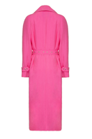 Vaska belted hot pink trench coat for women, showing the vibrant color, belted waist, and classic coat silhouette.