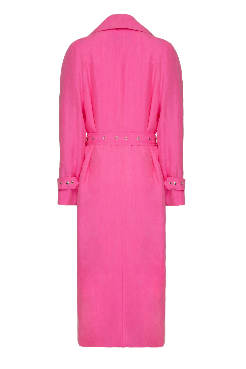 Vaska belted hot pink trench coat for women, showing the vibrant color, belted waist, and classic coat silhouette.
