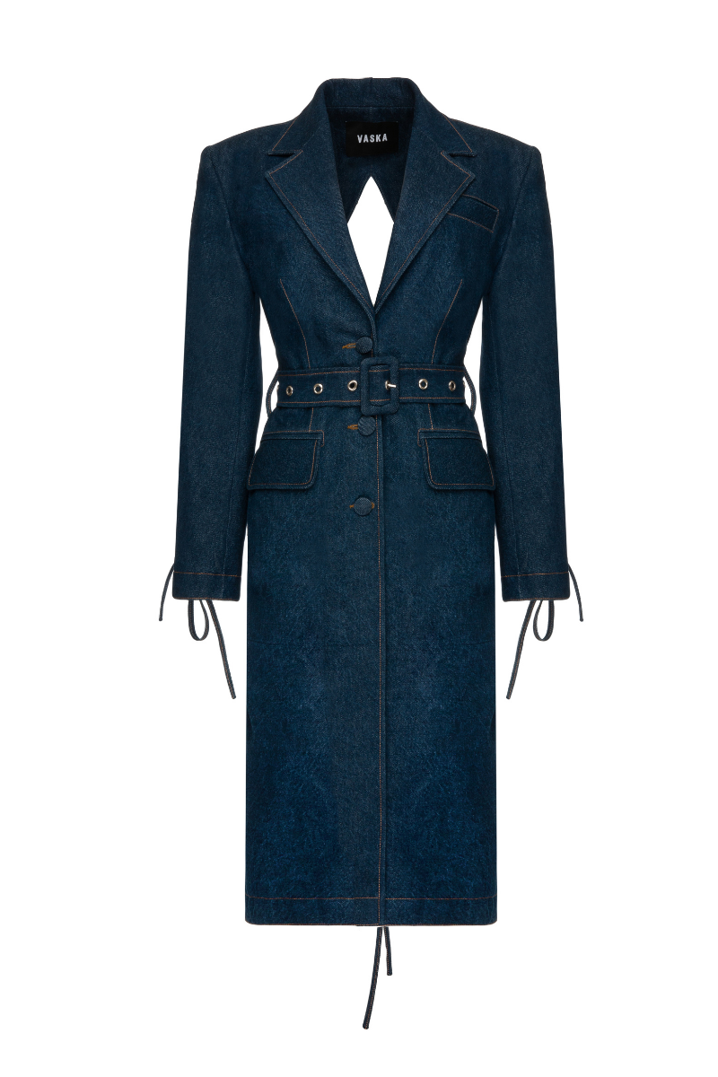 Vaska blue cut-out belted denim coat displayed on a hanger, showcasing stylish design and adjustable waist belt.