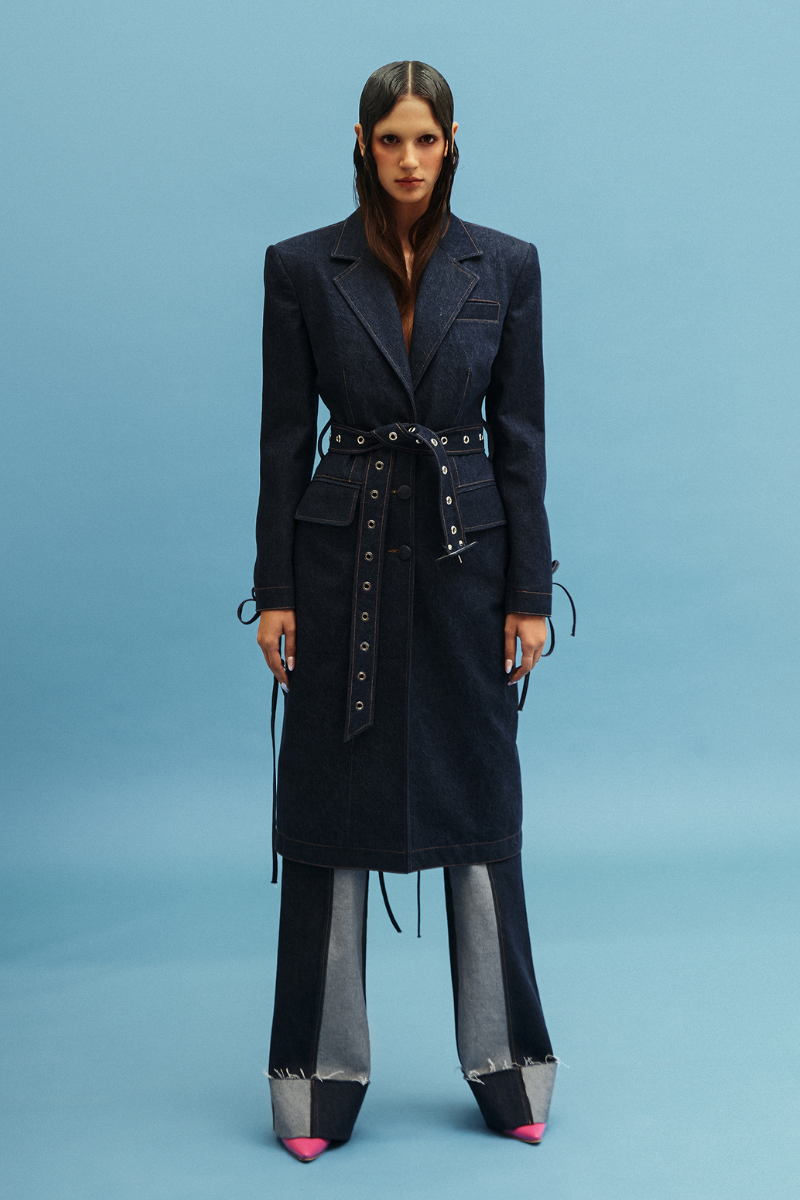 Vaska blue cut-out belted denim coat with long sleeves and front belt, stylish and casual outerwear for women.