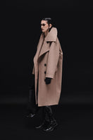 Vaska double-breasted relaxed coat in caramel color, shown in a stylish, tailored design perfect for casual or smart wear.
