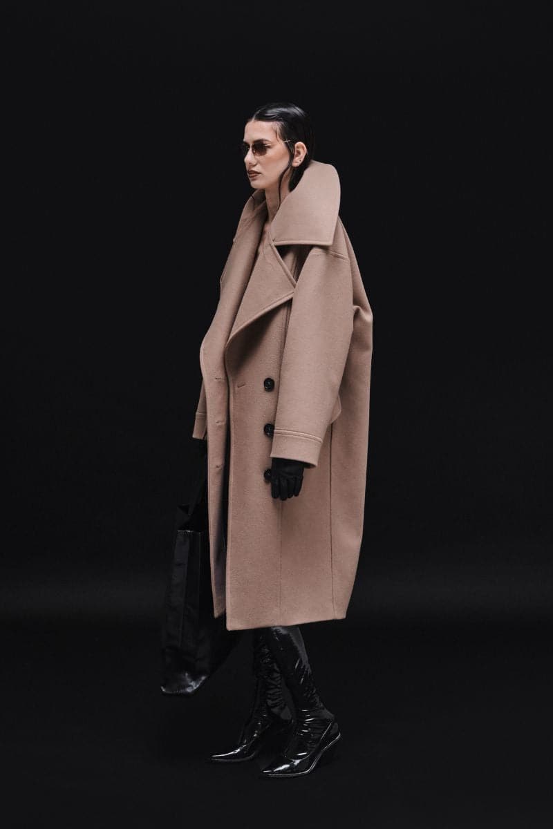 Vaska double-breasted relaxed coat in caramel color, shown in a stylish, tailored design perfect for casual or smart wear.