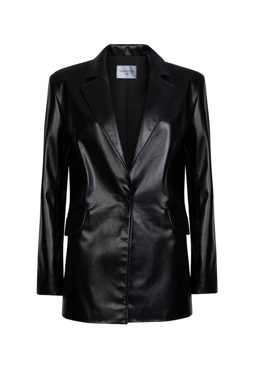 Black Verheyen CHESCA oversized leather blazer with a relaxed fit, shown on a model with rolled-up sleeves and classic lapel collar.