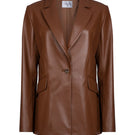 Brown Verheyen Chesca oversized leather blazer displayed on a hanger, showcasing its relaxed fit and rich leather texture.