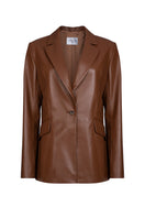 Brown Verheyen Chesca oversized leather blazer displayed on a hanger, showcasing its relaxed fit and rich leather texture.