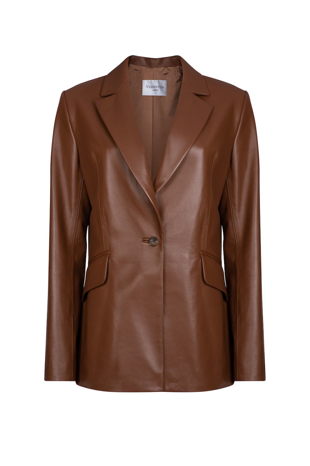 Brown Verheyen Chesca oversized leather blazer displayed on a hanger, showcasing its relaxed fit and rich leather texture.