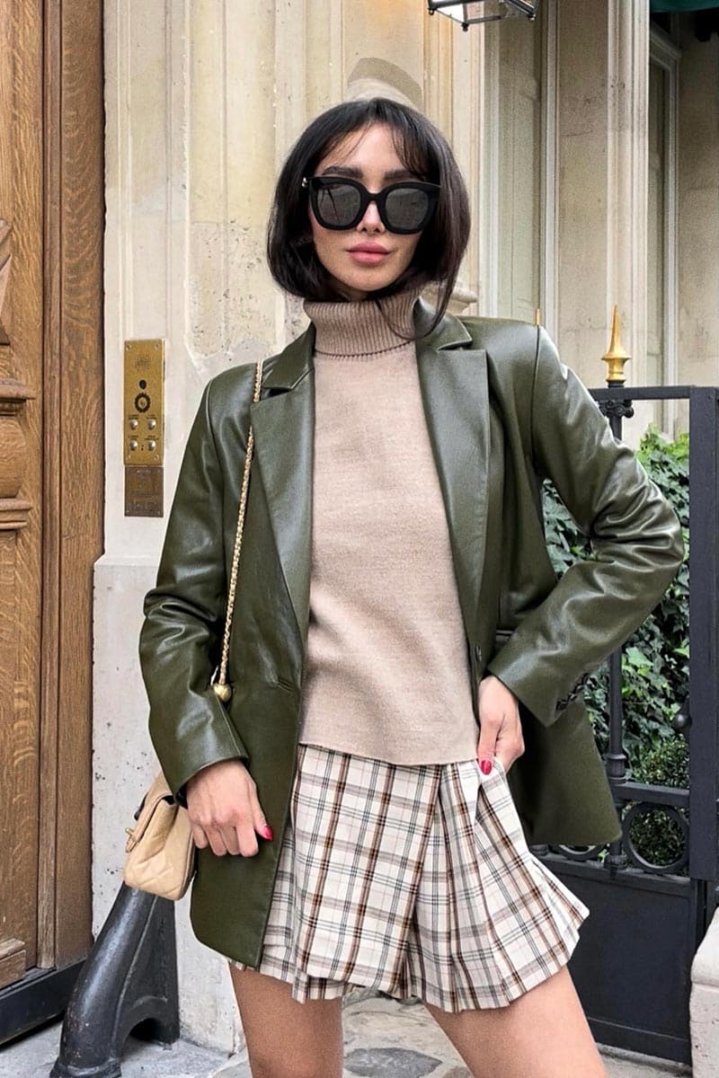 Olive oversized leather blazer by Verheyen from the CULT MIA X Verheyen Chesca collection, shown in XXS size.